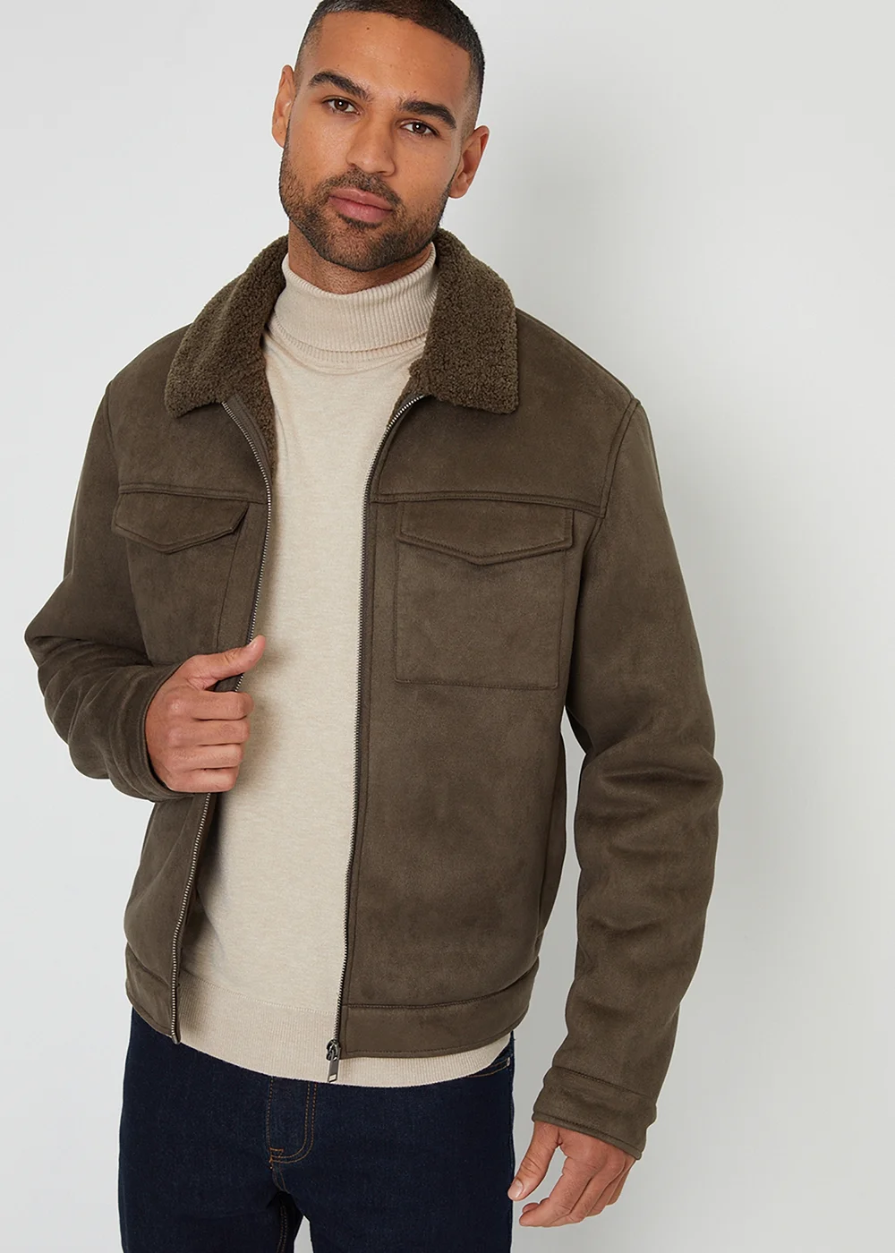 Threadbare Khaki Faux Suede Borg Lined Aviator Jacket - S Image 1