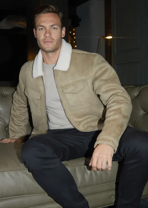 Threadbare Stone Faux Suede Borg Lined Aviator Jacket - 2XL Image 3