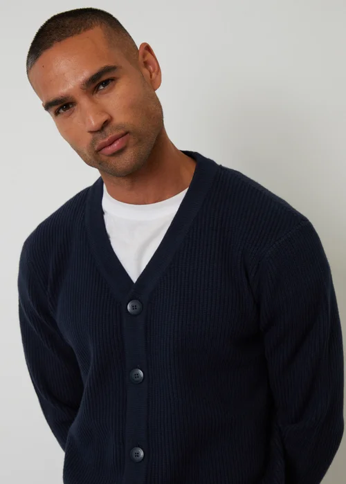 Threadbare Navy Rib Knit Button Up Cardigan - Large Image 4