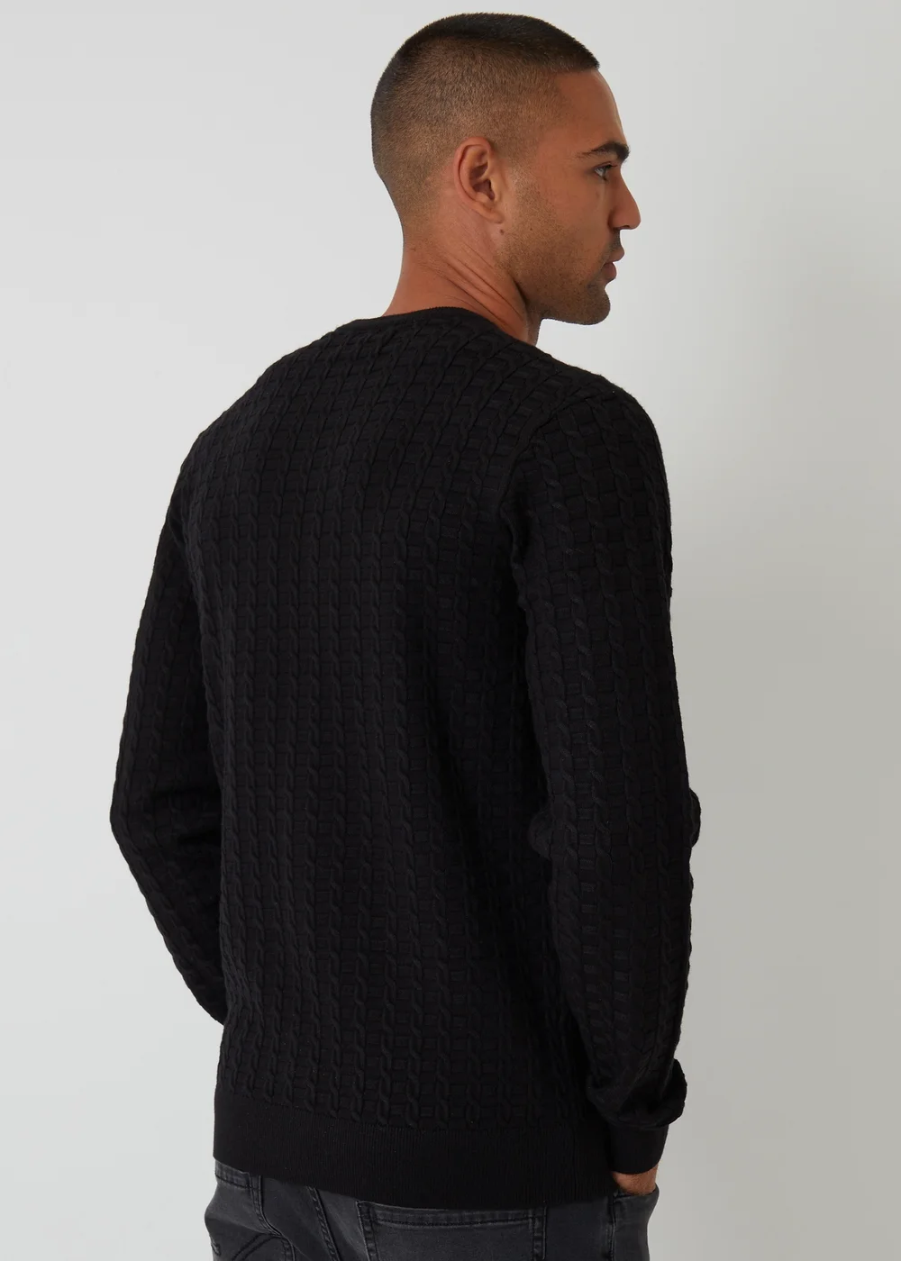 Threadbare Black Cable Knit Crew Neck Jumper - Medium Image 2