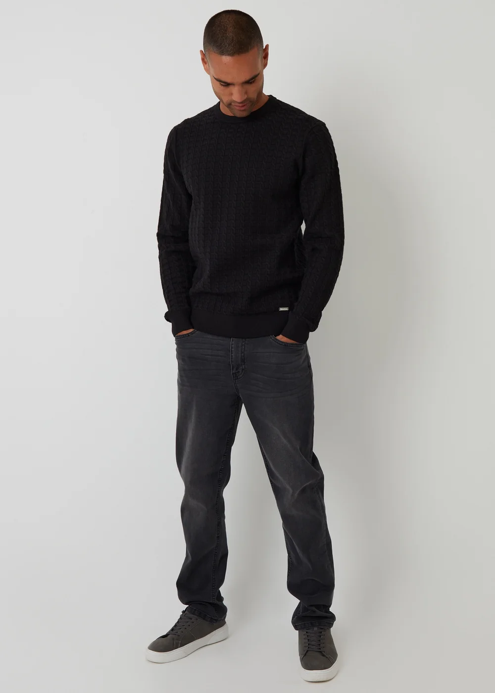 Threadbare Black Cable Knit Crew Neck Jumper - M Image 3