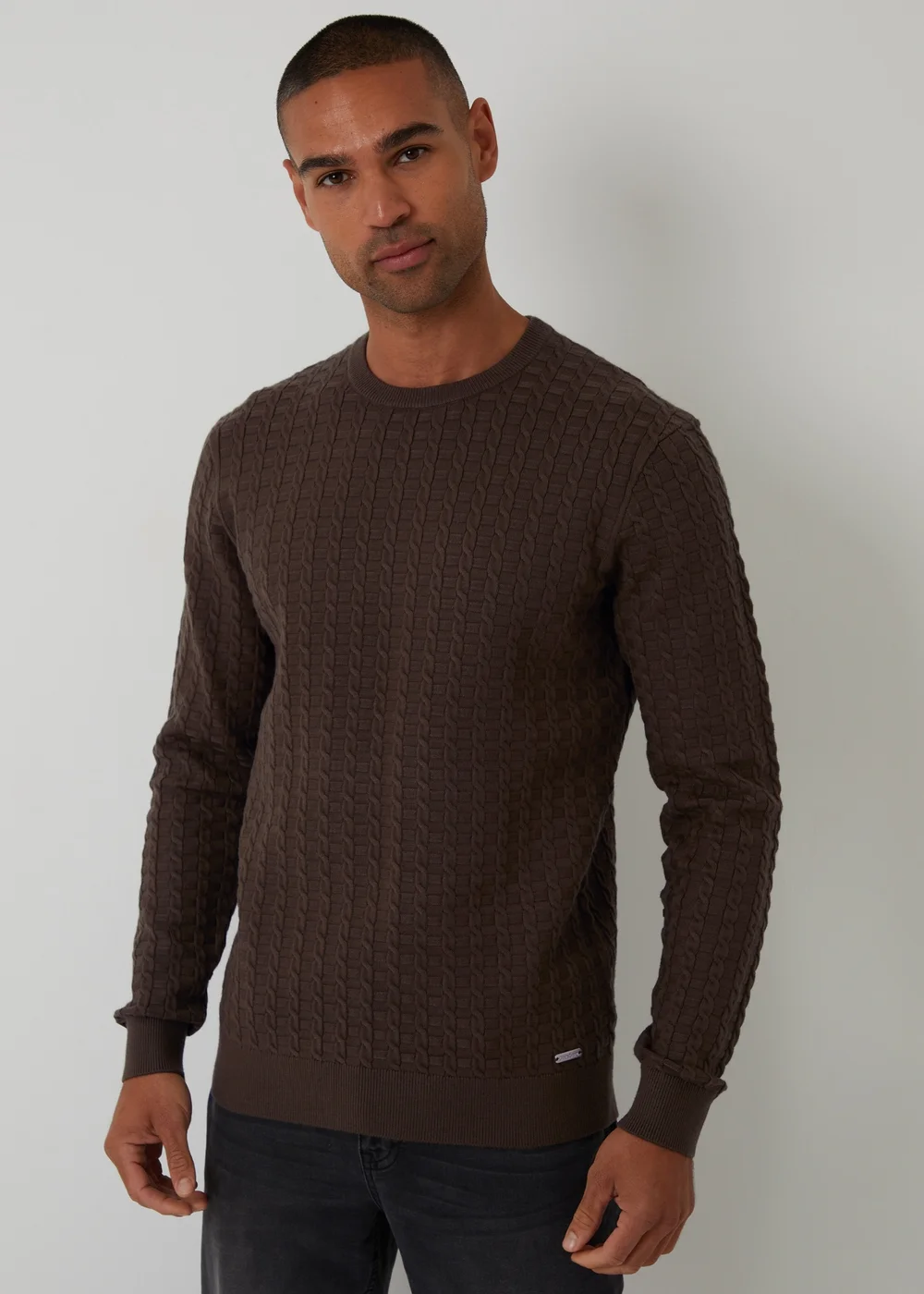 Threadbare Brown Cable Knit Crew Neck Jumper - Large Image 1