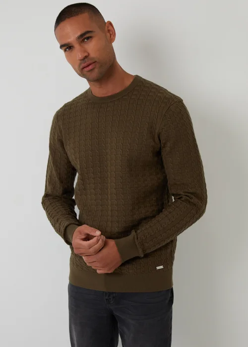 Threadbare Khaki Cable Knit Crew Neck Jumper - Large Image 1