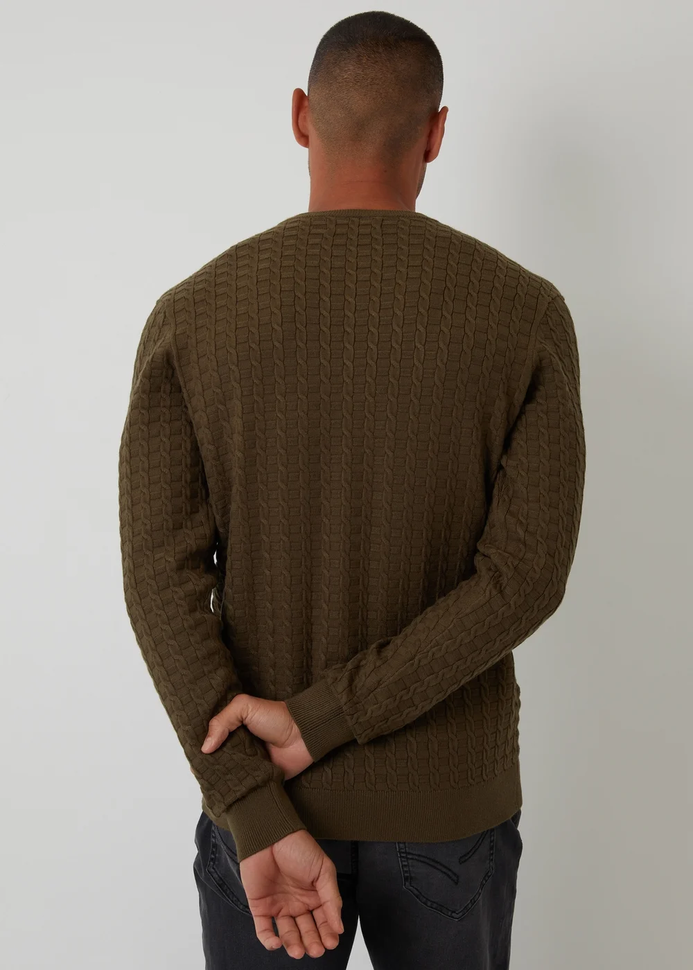 Threadbare Khaki Cable Knit Crew Neck Jumper - Large Image 2