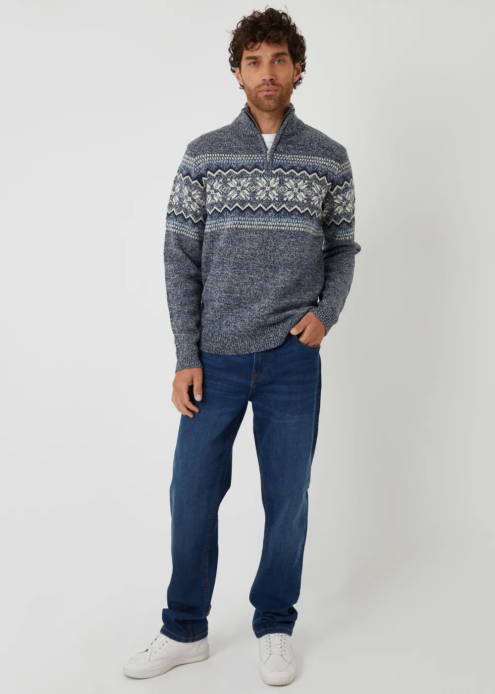 Threadbare Navy Fairisle Knitted Quarter Zip Jumper - M Image 3