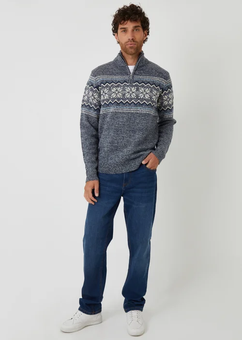 Threadbare Navy Fairisle Knitted Quarter Zip Jumper - M Image 3