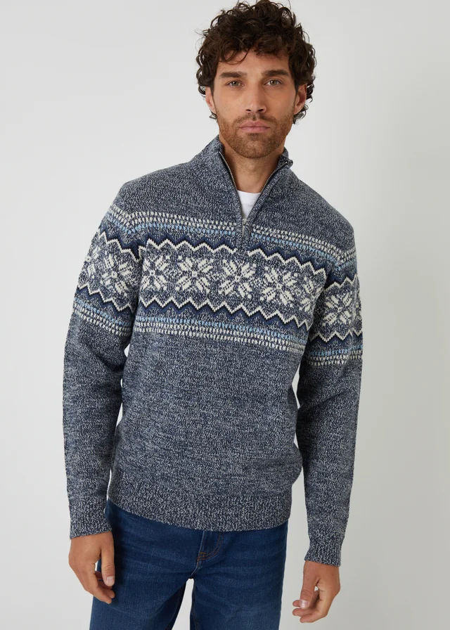 Threadbare Navy Fairisle Knitted Quarter Zip Jumper
