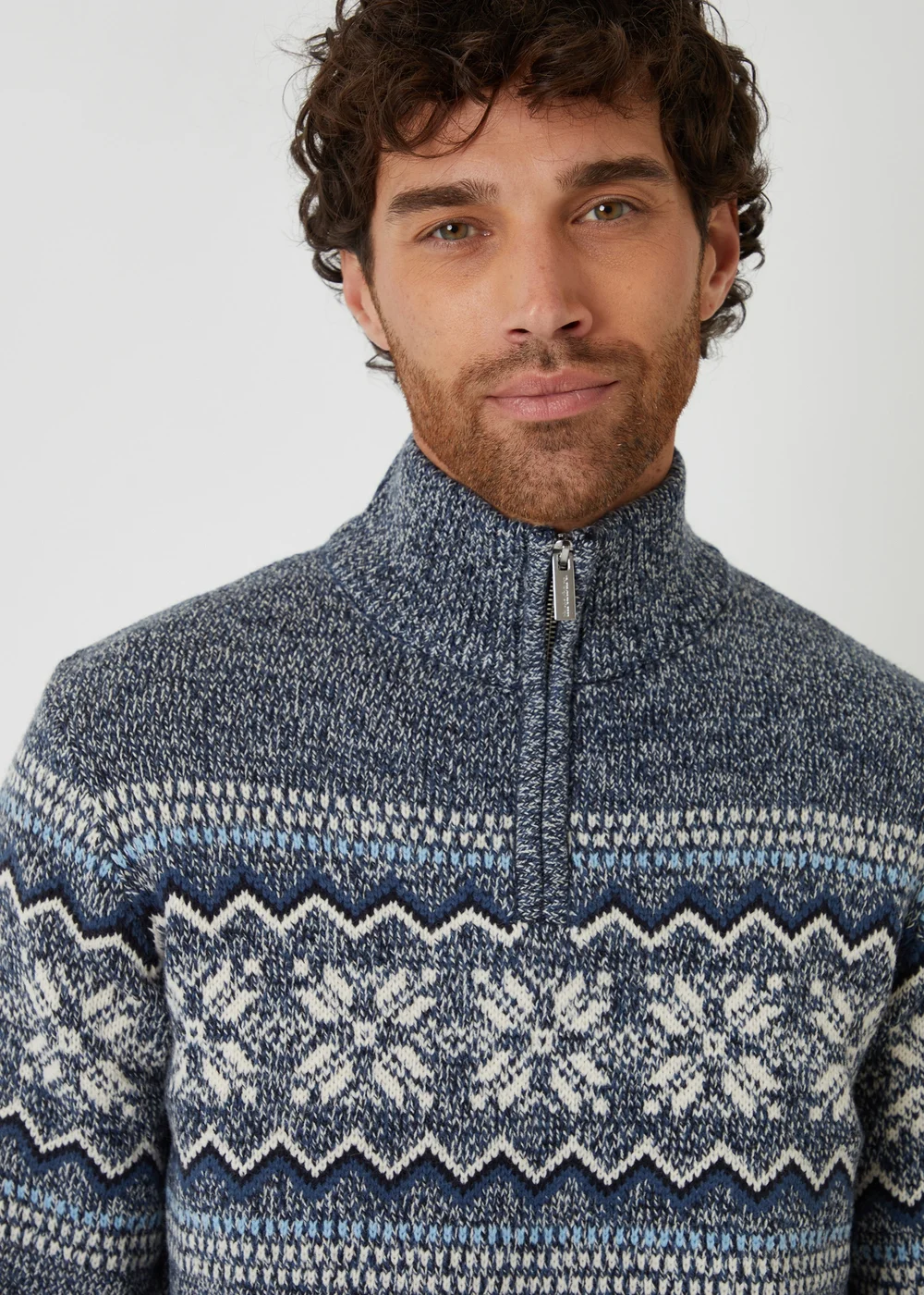 Threadbare Navy Fairisle Knitted Quarter Zip Jumper - M Image 4