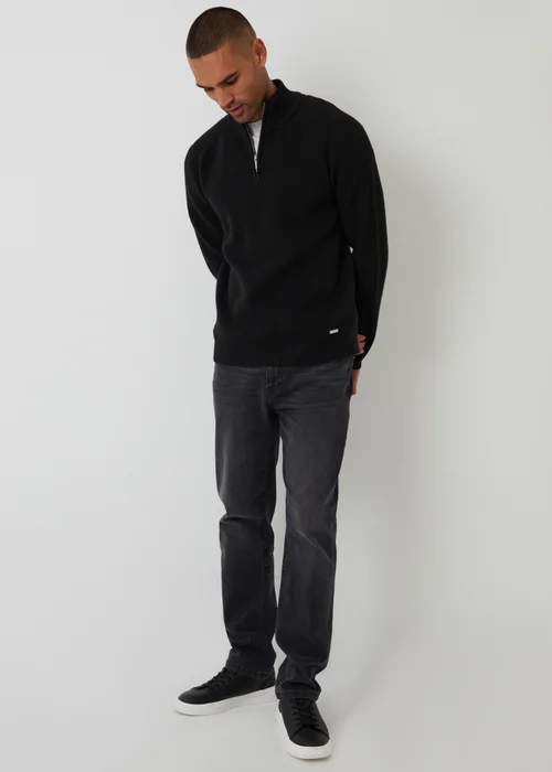 Threadbare Black Cotton Blend Rib Panel Quarter Zip Knitted Jumper - Small Image 3