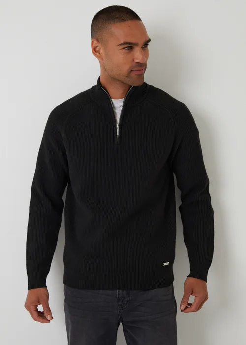 Threadbare Black Cotton Blend Rib Panel Quarter Zip Knitted Jumper - Small Image 1