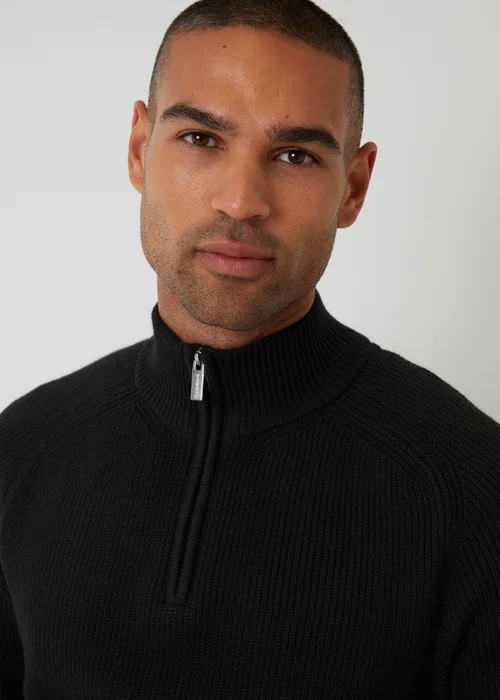 Threadbare Black Cotton Blend Rib Panel Quarter Zip Knitted Jumper - Small Image 4