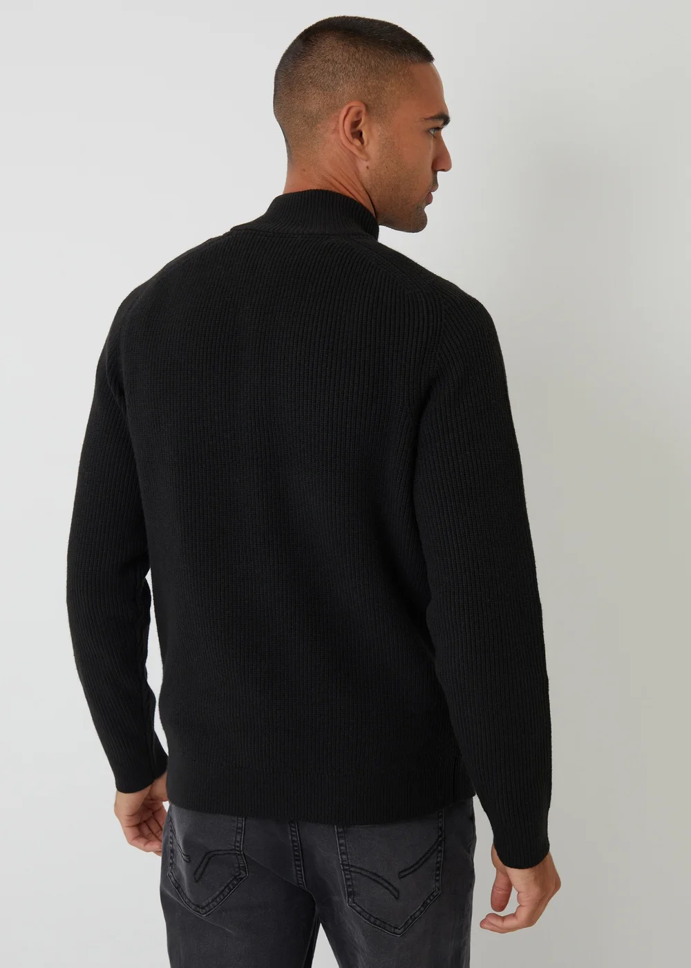Threadbare Black Cotton Blend Rib Panel Quarter Zip Knitted Jumper - Small Image 2