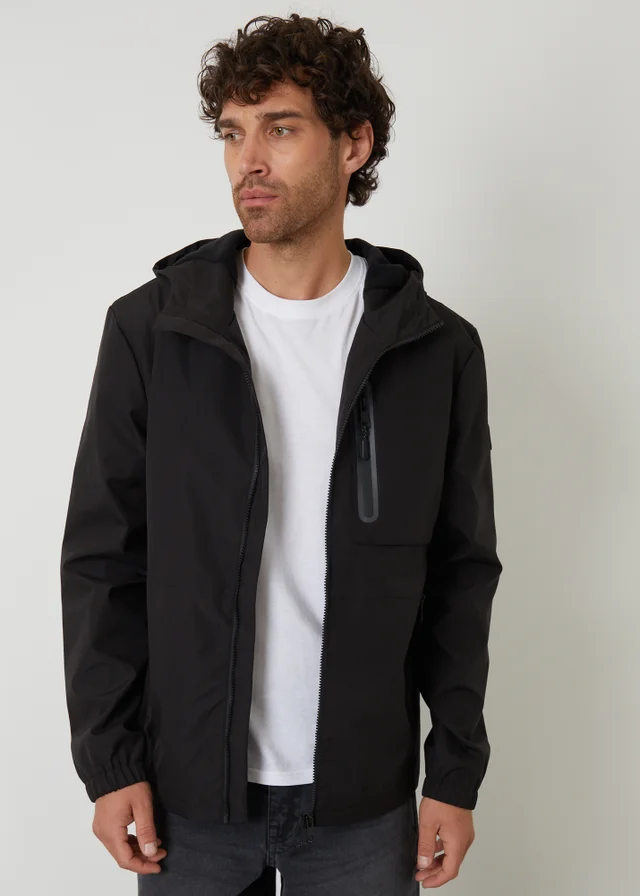 Threadbare Black Showerproof Hooded Microfleece Lined Jacket