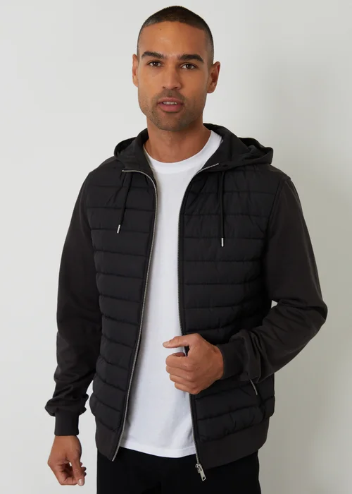 Threadbare Black Quilted Hybrid Hooded Jacket - XL Image 1