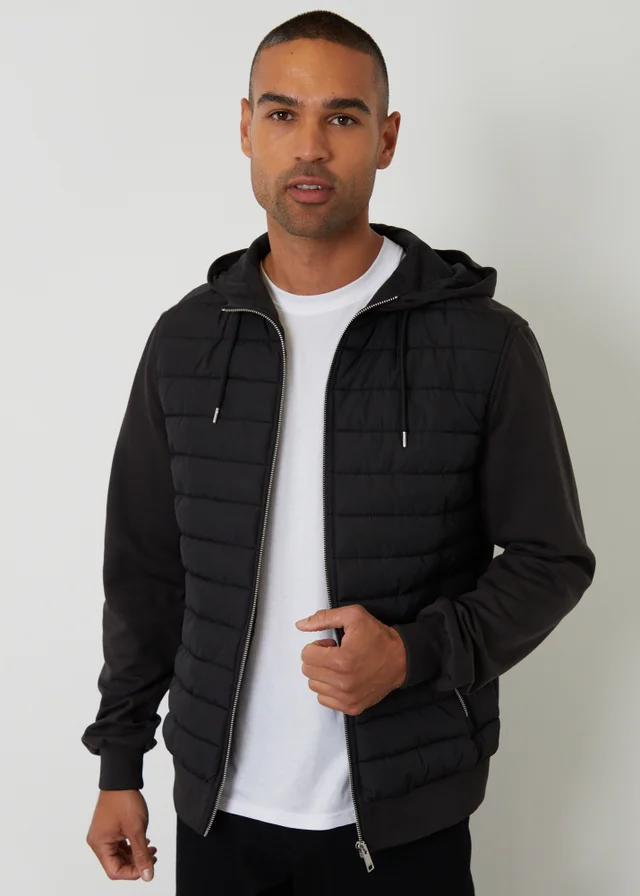 Threadbare Black Quilted Hybrid Hooded Jacket