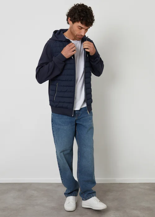 Threadbare Navy Quilted Hybrid Hooded Jacket - M Image 3