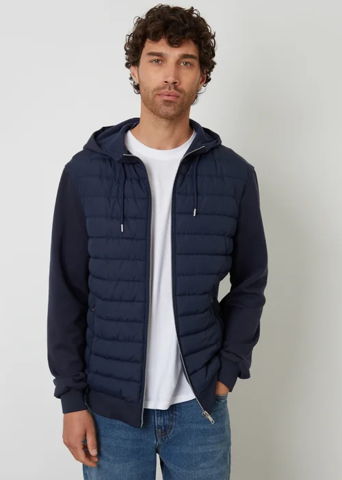 Threadbare Navy Quilted Hybrid Hooded Jacket - M Image 1