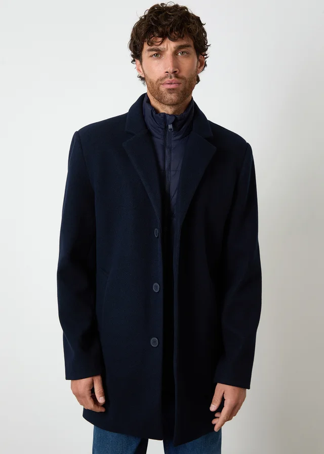 Threadbare Navy Faux Wool Mock Layer Longline Mac