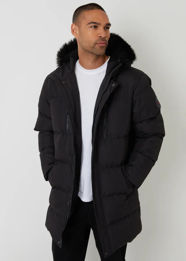 Threadbare Black Showerproof Longline Quilted Parka Jacket