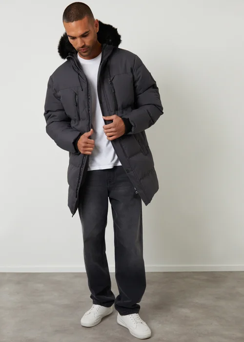 Threadbare Dark Grey Showerproof Longline Quilted Parka Jacket - 2XL Image 3