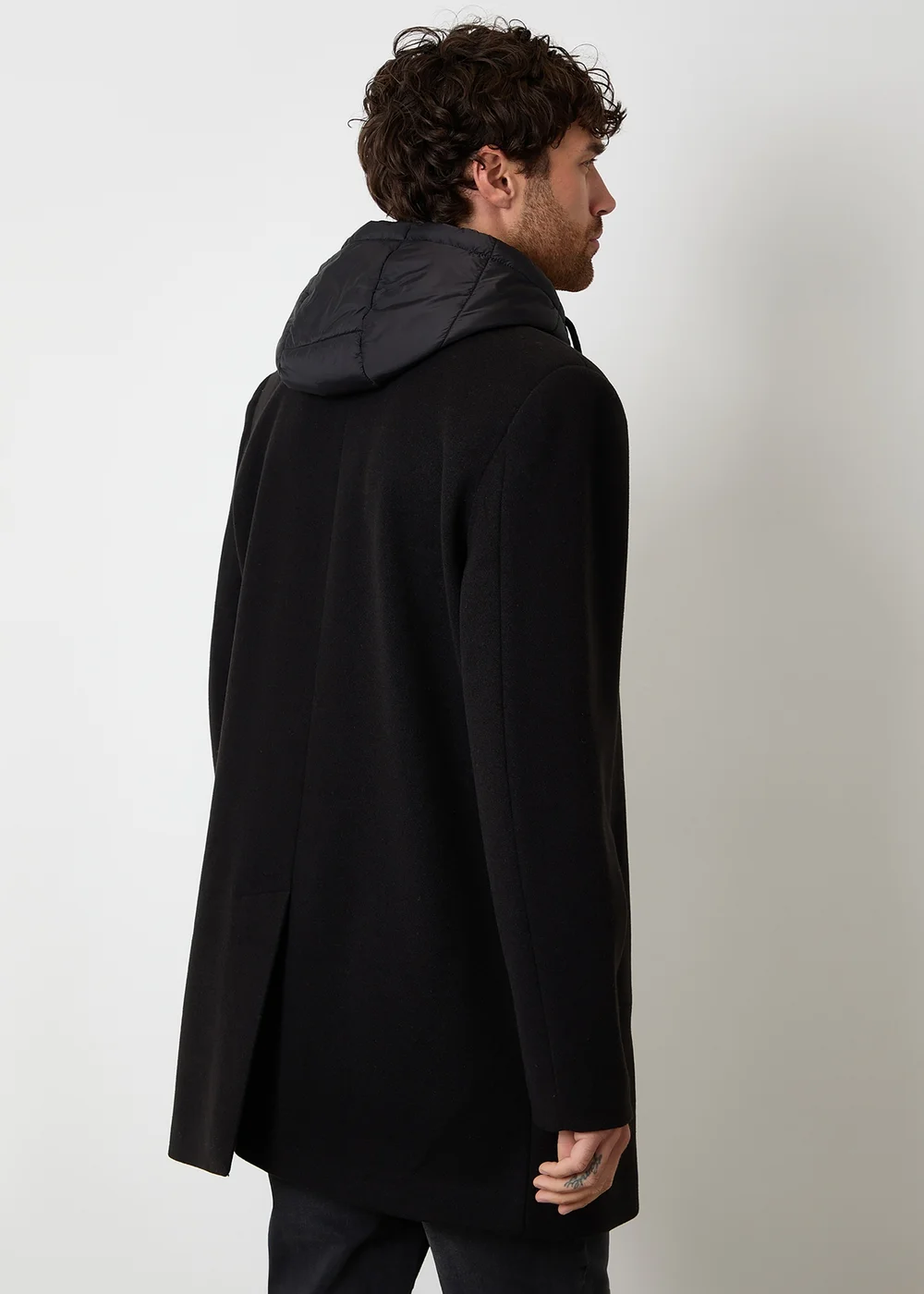 Threadbare Black Faux Wool Mock Inner Hooded Longline Coat - M Image 2