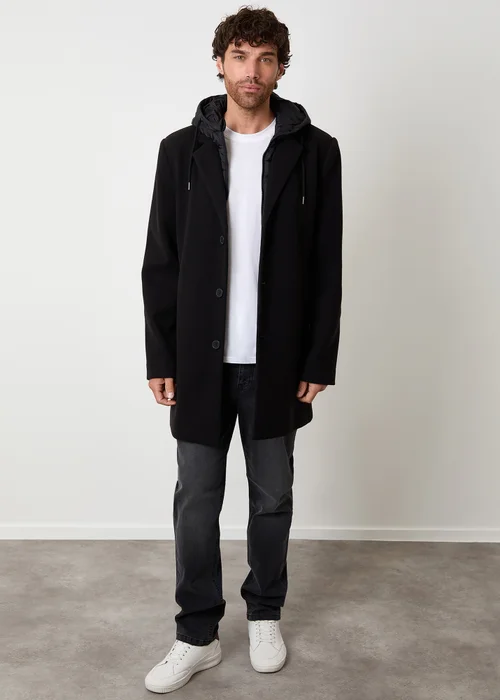 Threadbare Black Faux Wool Mock Inner Hooded Longline Coat - M Image 3