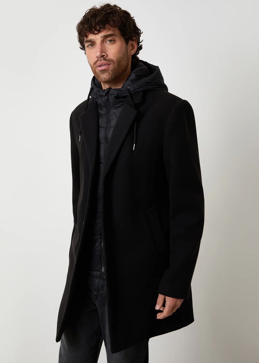 Threadbare Black Faux Wool Mock Inner Hooded Longline Coat - M Image 1