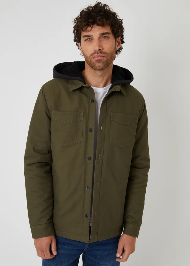 Threadbare Khaki Quilted Shacket With Borg Lined Hood