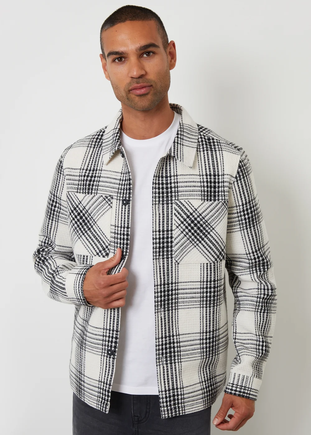 Threadbare Stone Check Waffle Textured Shacket - M Image 1
