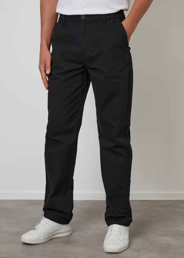Threadbare Black Straight Leg Stretch Waist Chino Trousers