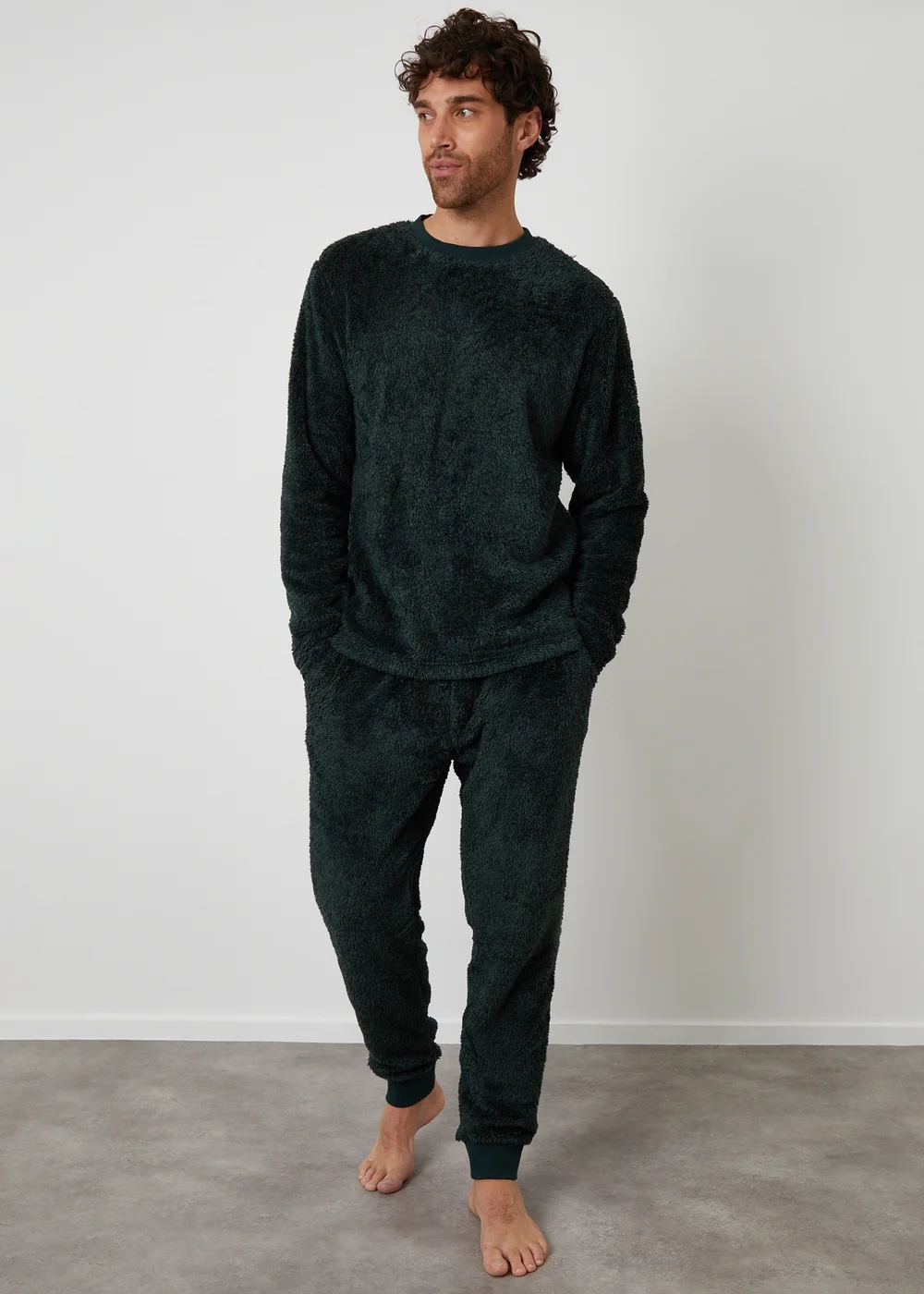 Threadbare Dark Green Two Tone Borg Loungewear Set - Small Image 1