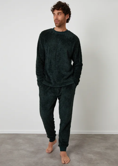 Threadbare Dark Green Two Tone Borg Loungewear Set - Small Image 1