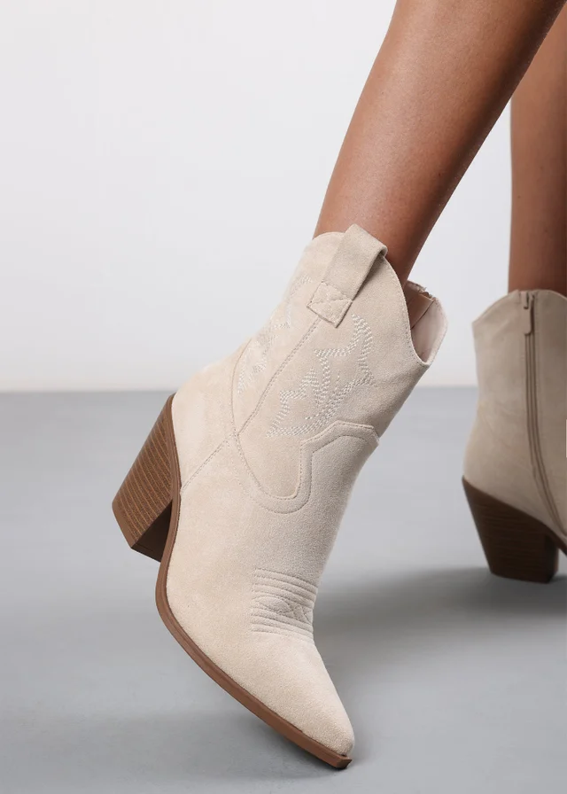 Where's That From Seraphina Beige Suede Western Cowboy Ankle Boots