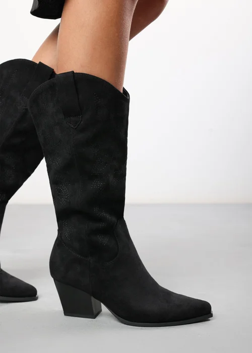 Where's That From Yasmine Black Suede Western Cowboy Calf Boots - 7 Image 5