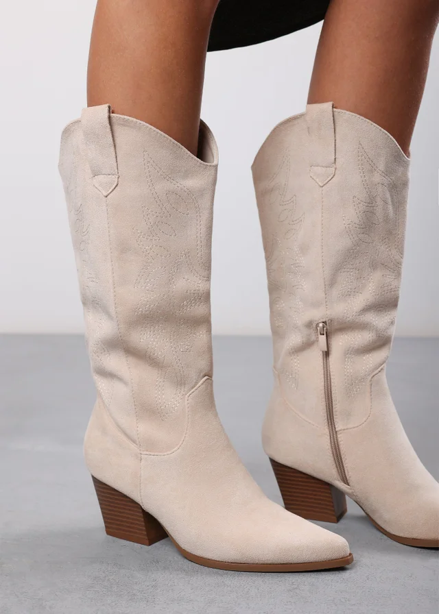 Where's That From Yasmine Beige Suede Western Cowboy Calf Boots