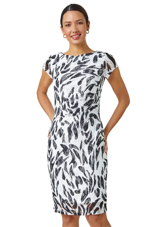 Roman Ivory Leaf Print Stretch Bodycon Lace Dress - 12 Image 1