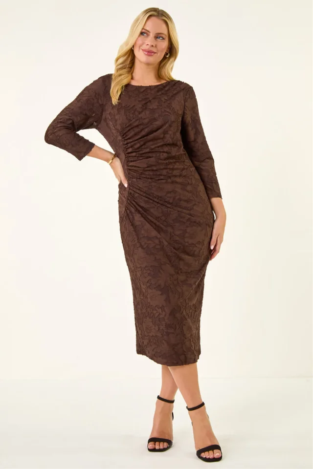 Roman Chocolate Petite Jacquard Ruched Stretch Dress