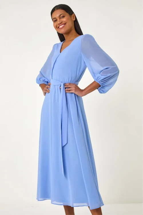 Roman Blue Chiffon V-Neck Midi Dress - Size 16 Image 1