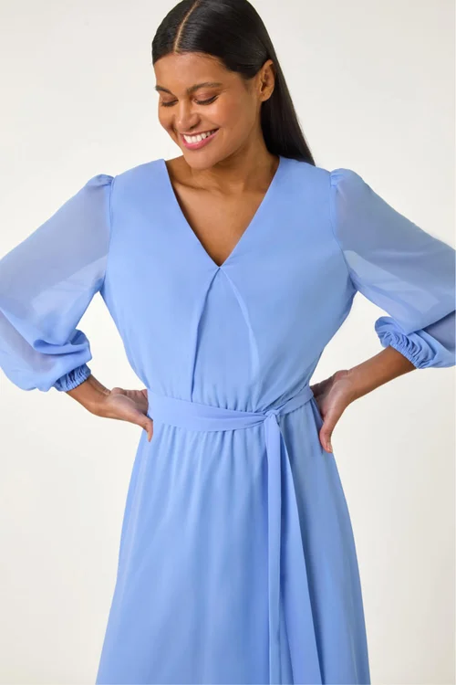 Roman Blue Chiffon V-Neck Midi Dress - Size 16 Image 4