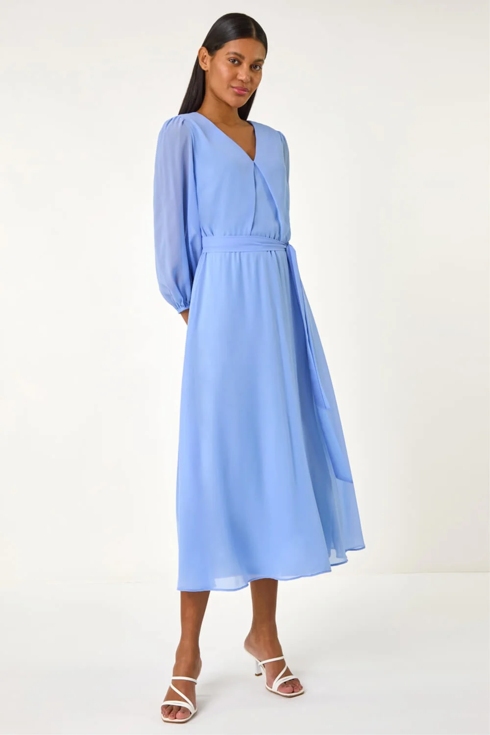 Roman Blue Chiffon V-Neck Midi Dress - Size 16 Image 2