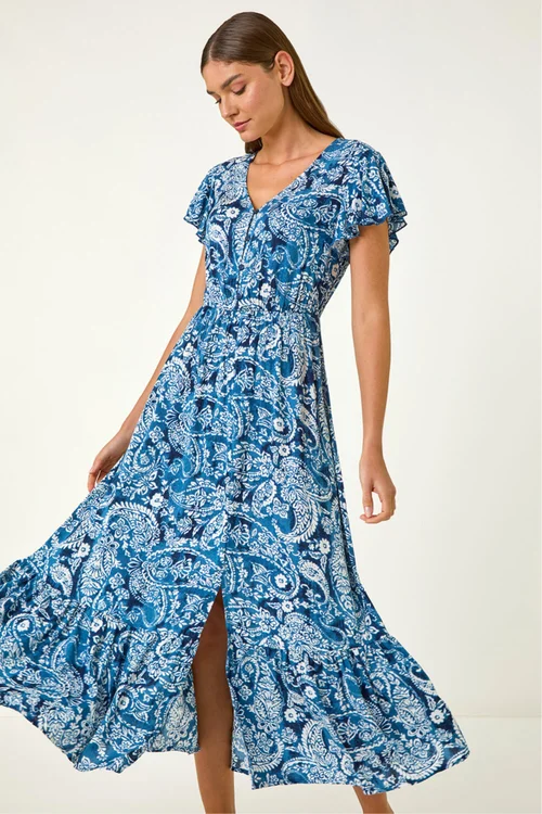 Roman Navy Paisley Print Crinkle Maxi Dress - 18 Image 1