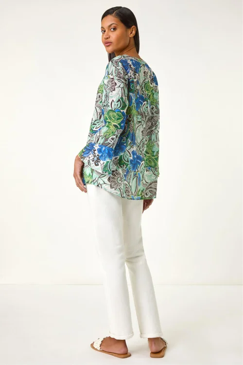 Roman Blue Paisley V-Neck Blouse - 12 Image 4