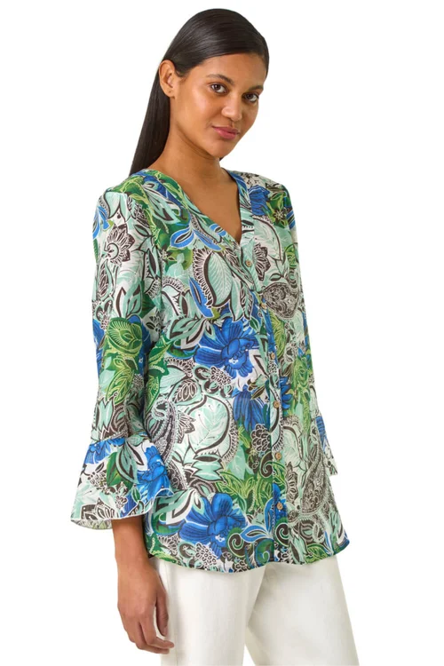Roman Blue Paisley V-Neck Blouse - 12 Image 1