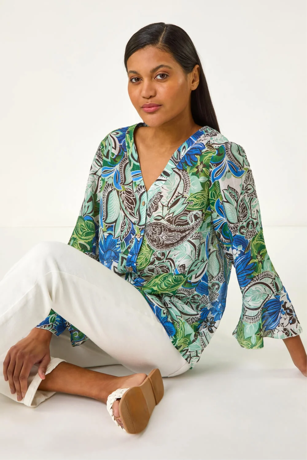 Roman Blue Paisley V-Neck Blouse - 12 Image 2