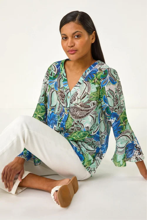 Roman Blue Paisley V-Neck Blouse - 12 Image 2