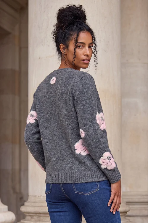Roman Grey Embossed Floral Knit Cardigan - 14 Image 3