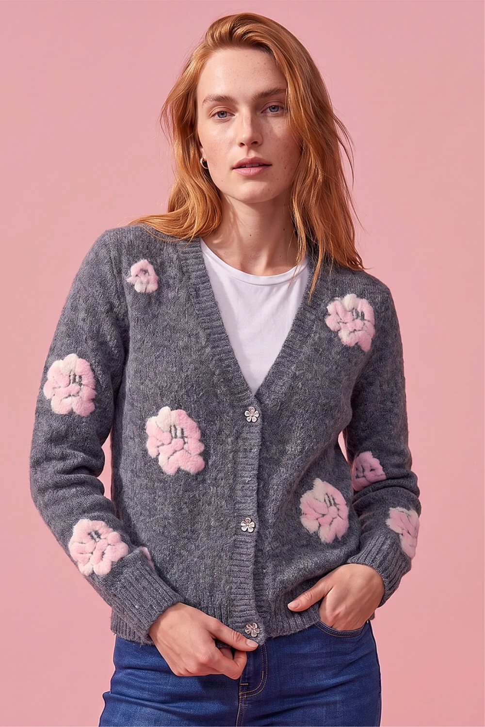 Roman Grey Embossed Floral Knit Cardigan - 14 Image 1