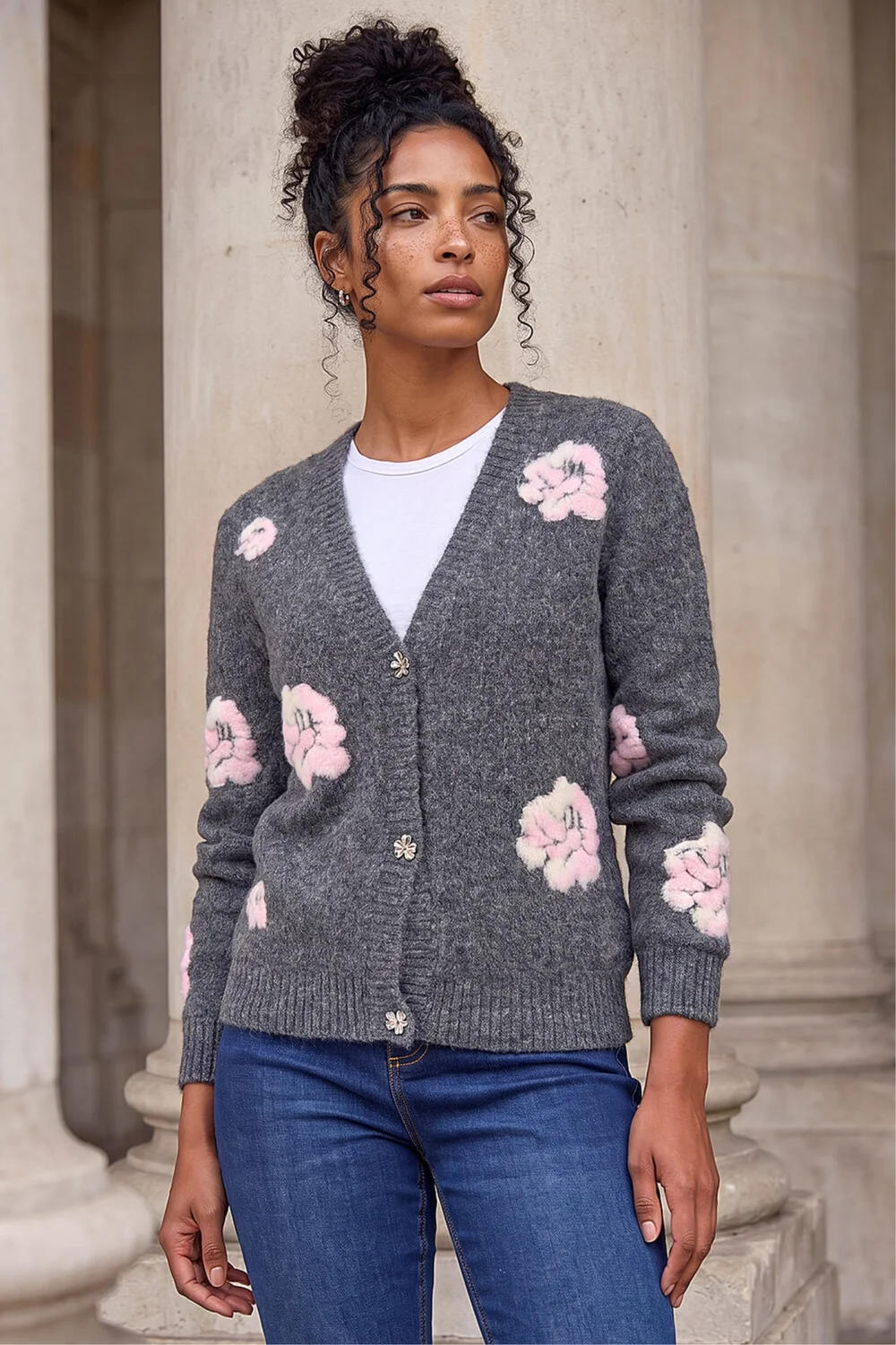 Roman Grey Embossed Floral Knit Cardigan - 14 Image 2