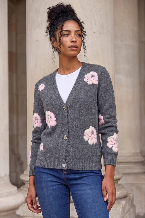 Roman Grey Embossed Floral Knit Cardigan - 14 Image 2