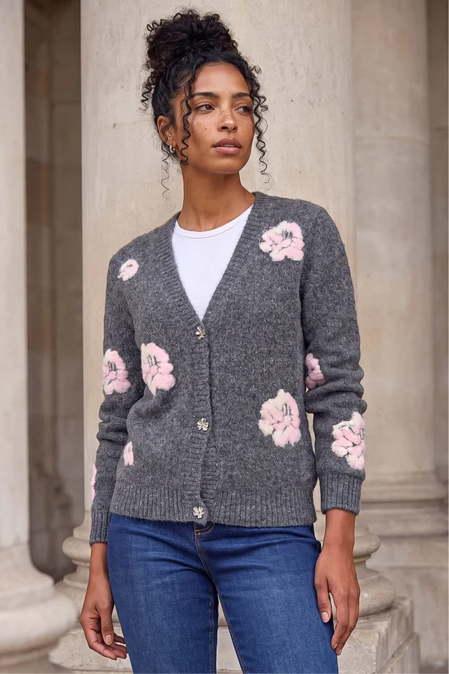 Roman Grey Embossed Floral Knit Cardigan